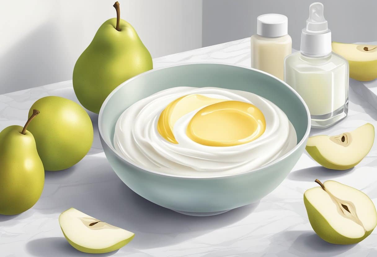A bowl of egg white and pear mixture sits on a clean, white countertop, surrounded by fresh pear slices and a small jar of moisturizer