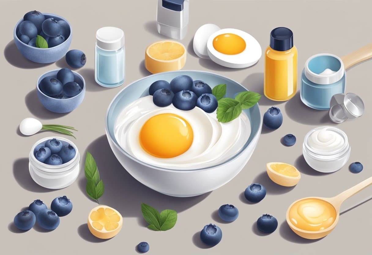 A bowl filled with egg white and blueberries, surrounded by various skincare ingredients and tools on a clean, organized countertop