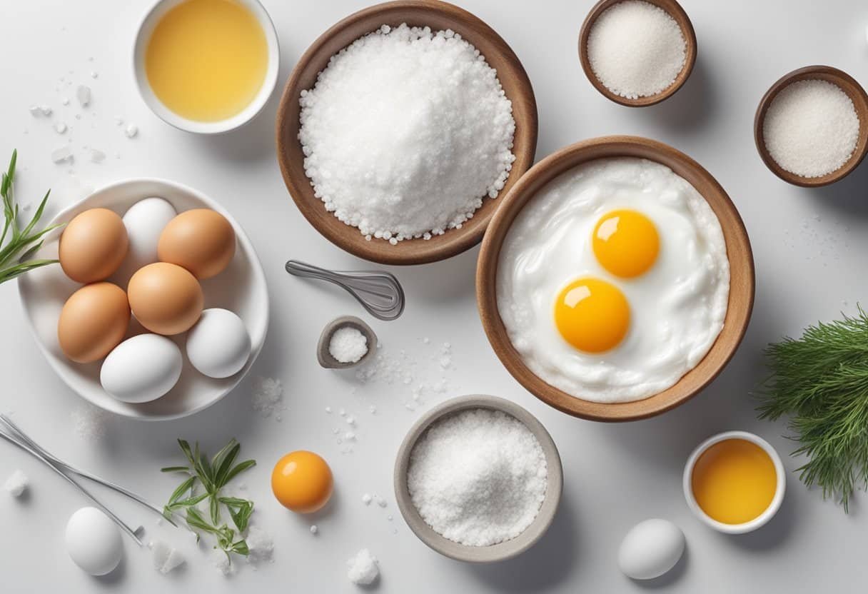 A bowl of egg whites mixed with sea salt, surrounded by various skincare ingredients and tools on a clean, white countertop