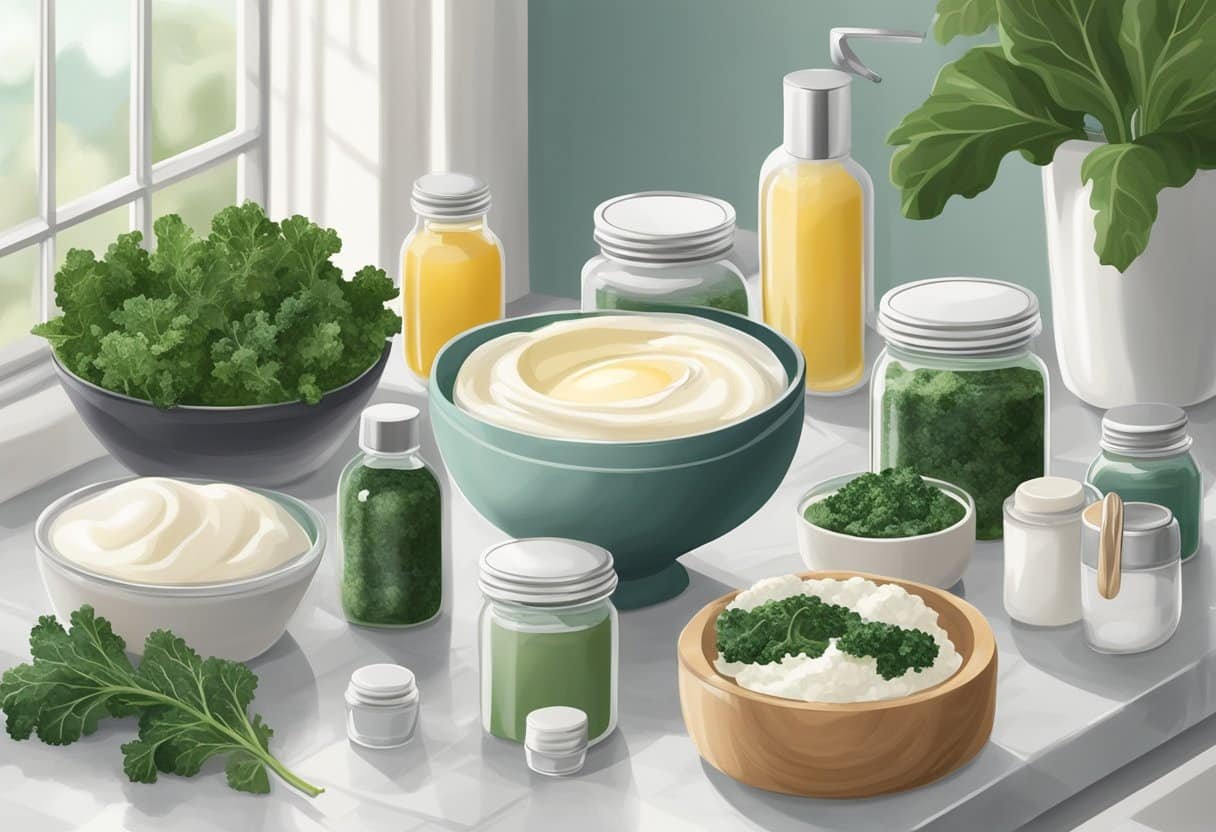 A bowl of whipped egg whites and kale sits on a clean countertop, surrounded by various jars and containers of natural skincare ingredients