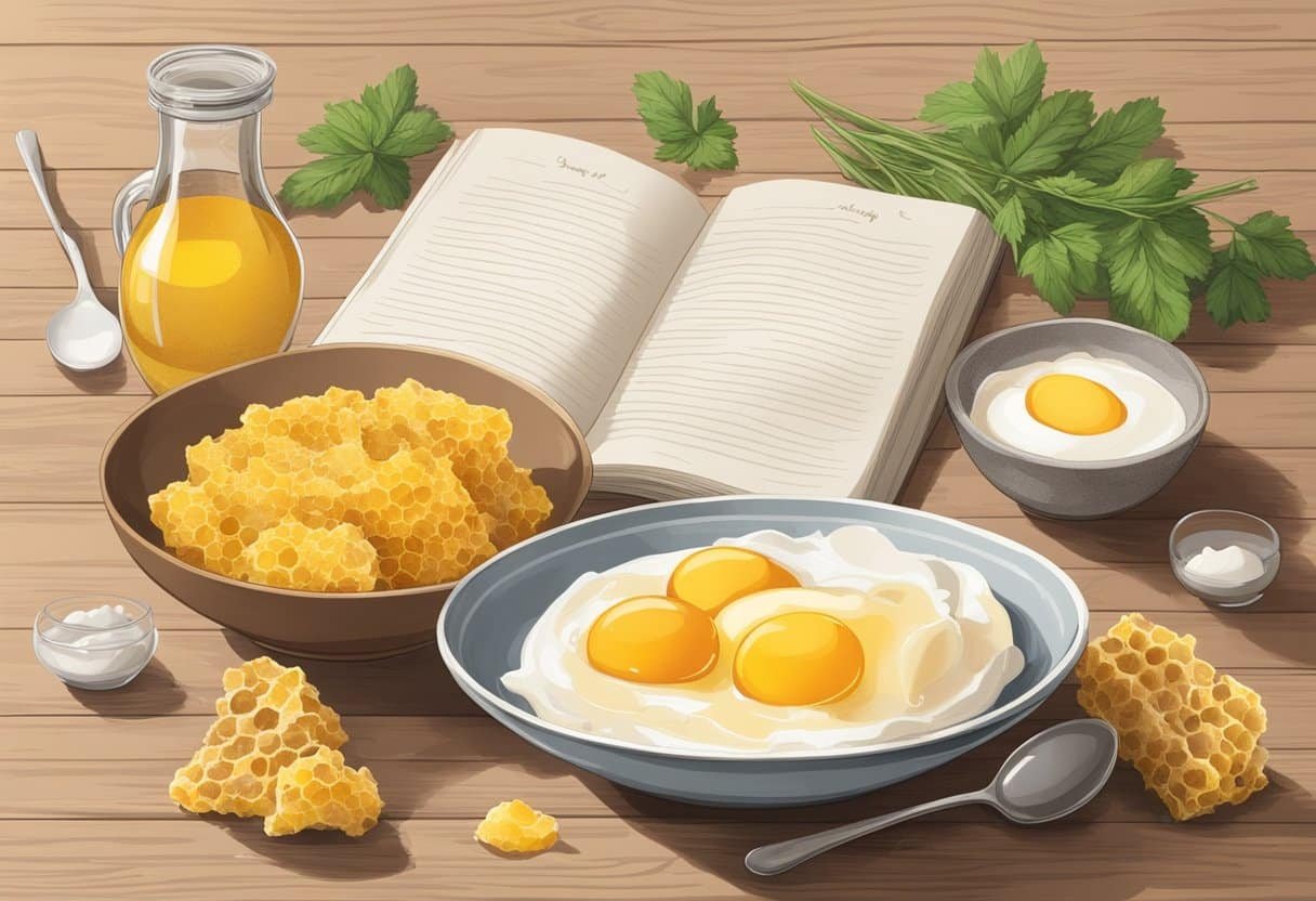 A bowl of egg whites and honeycomb sits on a wooden table, surrounded by fresh ingredients and a recipe book