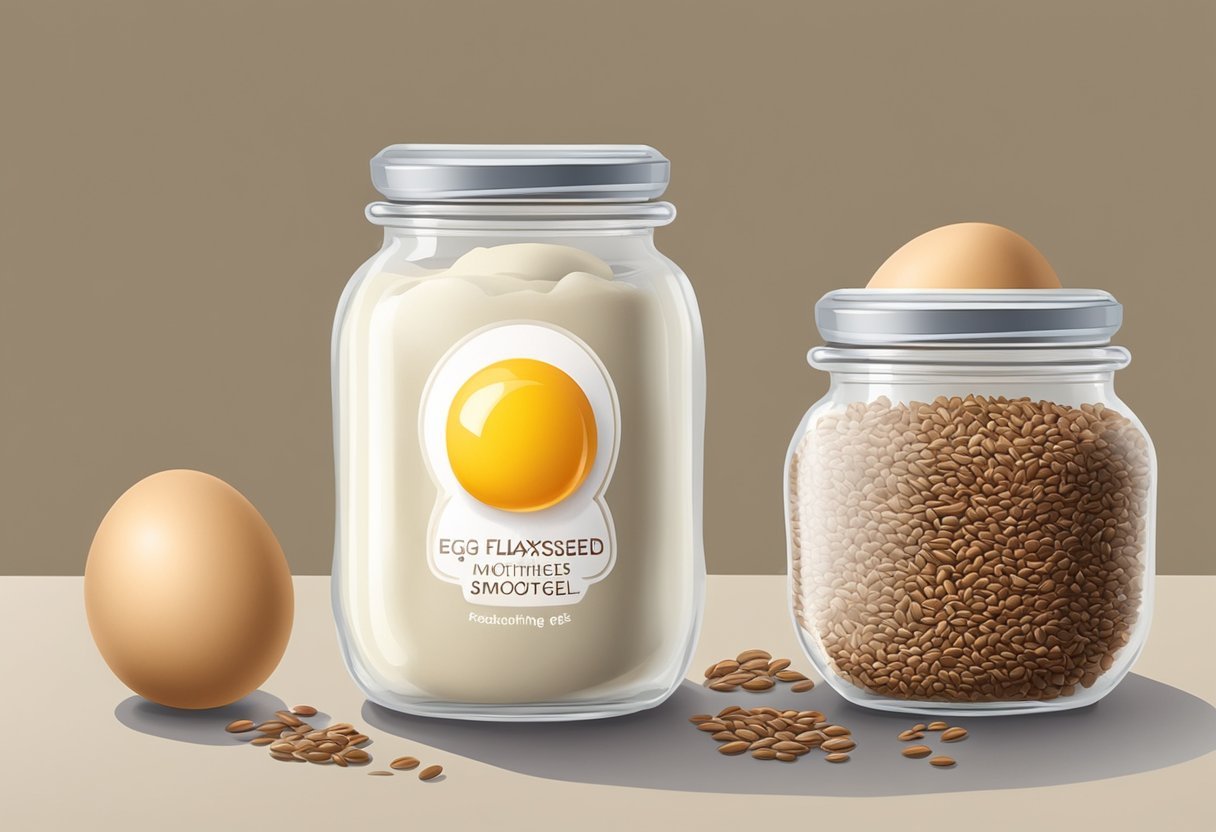 A clear glass jar with a label reading "Egg White and Flaxseed Smoothing Gel" surrounded by fresh flaxseeds and a cracked egg