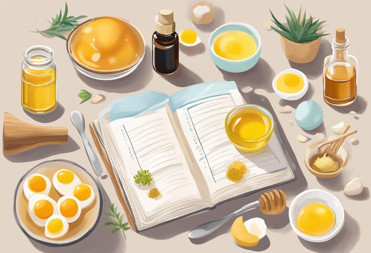A table filled with ingredients like eggs, honey, and oils. Recipe book open to "DIY Skincare Recipes" page 48. Illustrations of skincare products in the background