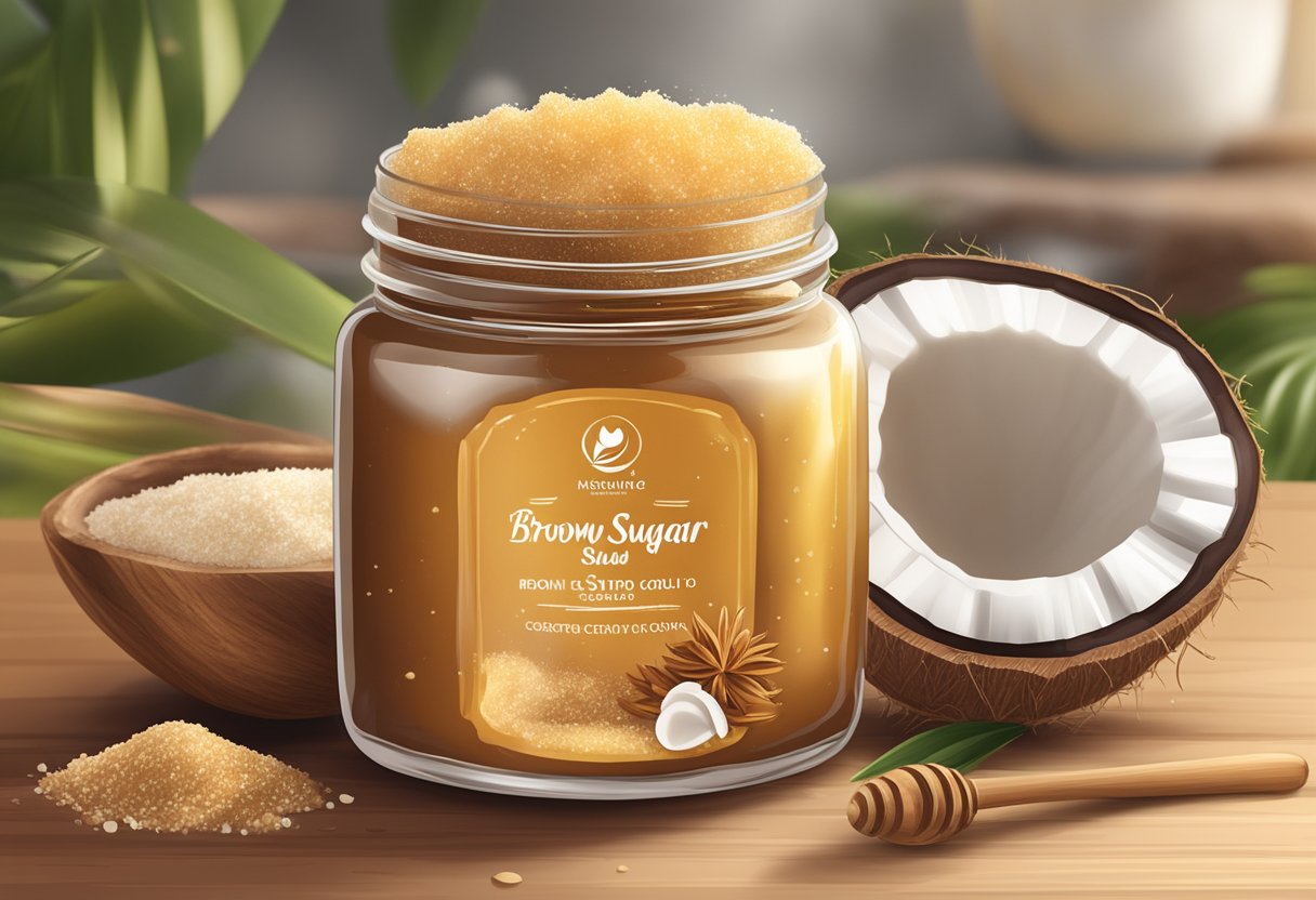 A glass jar filled with brown sugar and honey scrub, surrounded by natural ingredients like coconut oil and essential oils