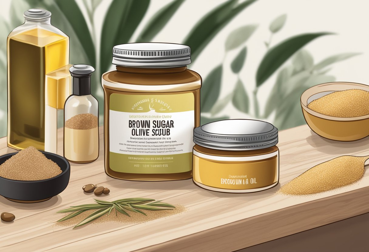 A small jar filled with brown sugar and olive oil sits on a wooden table, surrounded by other skincare ingredients. The label reads "Brown Sugar and Olive Oil Exfoliating Lip Scrub."