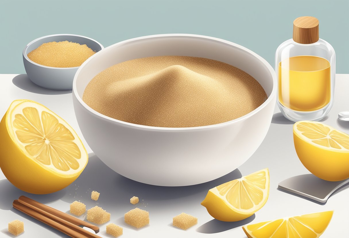 A small bowl filled with brown sugar and lemon juice sits on a clean white countertop, surrounded by various skincare ingredients and tools