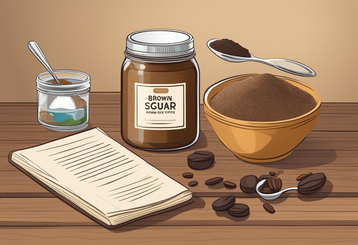 A jar of brown sugar and coffee body scrub sits on a wooden table surrounded by ingredients and a recipe book