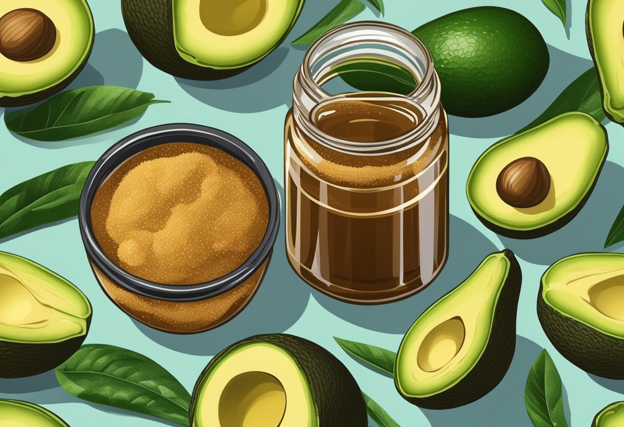 A glass jar filled with brown sugar and avocado oil, surrounded by fresh avocados and a bowl of sugar