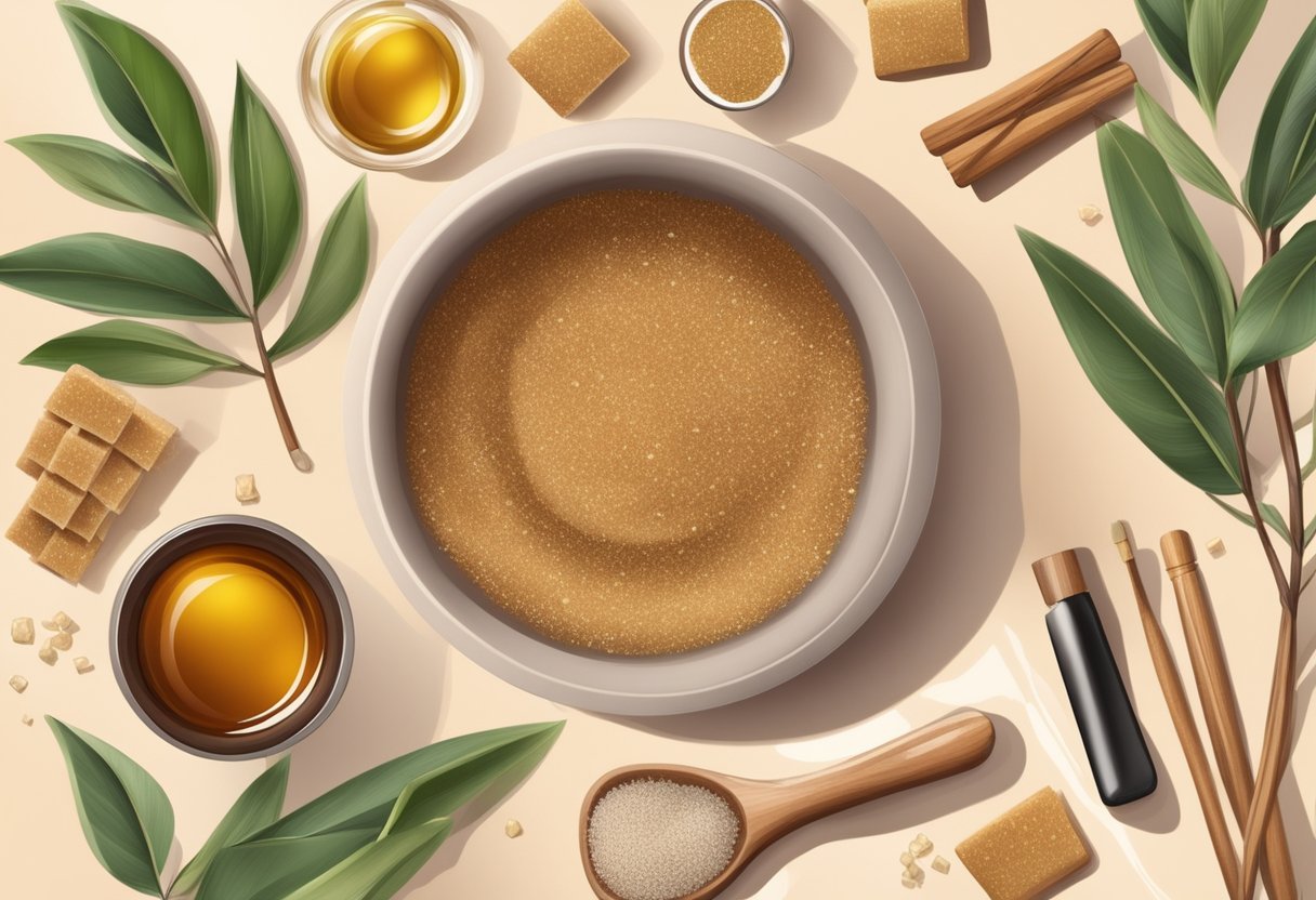 A small bowl filled with brown sugar and tea tree oil sits on a wooden table, surrounded by various skincare ingredients and utensils