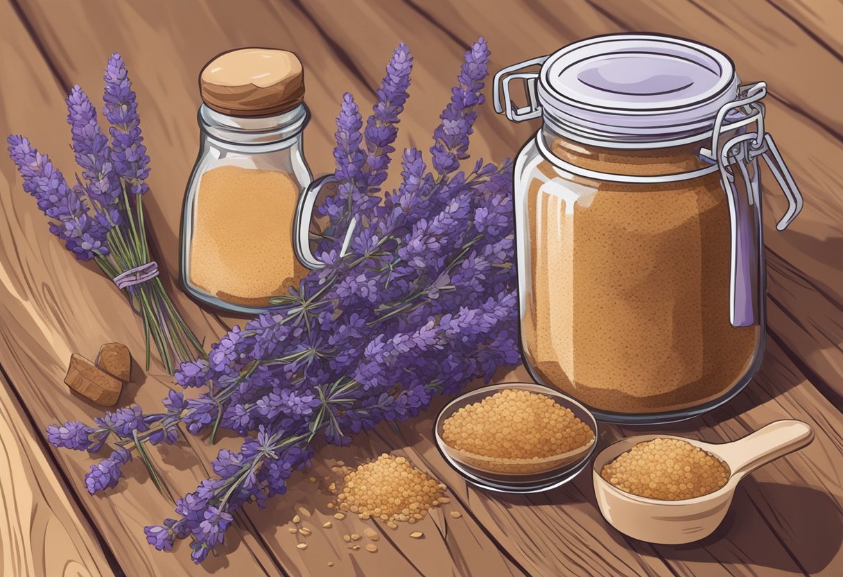 A glass jar filled with brown sugar and lavender sits on a wooden table, surrounded by scattered ingredients and a recipe book