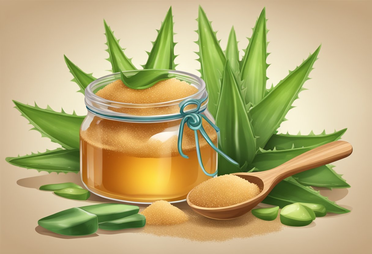 A glass jar filled with brown sugar and aloe vera, surrounded by fresh aloe vera leaves and a wooden spoon