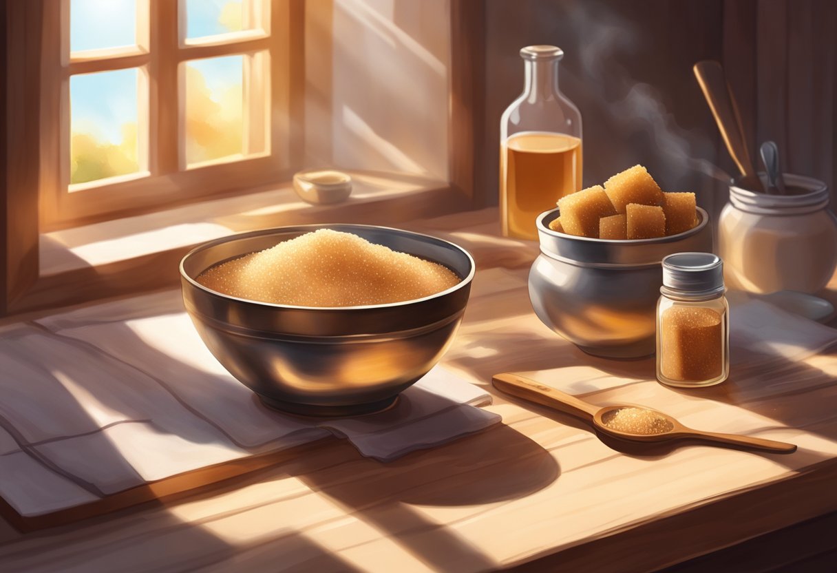 A small bowl filled with brown sugar and rosewater sits on a wooden table, surrounded by various ingredients and utensils. The sunlight filters through a nearby window, casting a warm glow on the scene