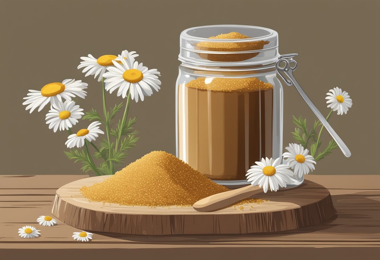 A glass jar filled with brown sugar and chamomile sits on a rustic wooden table, surrounded by fresh chamomile flowers and a mortar and pestle