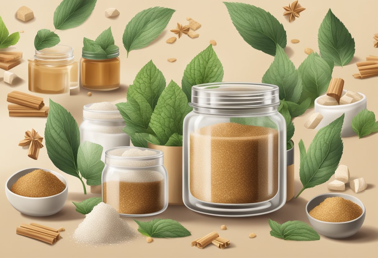 A glass jar filled with brown sugar and peppermint leaves, surrounded by other skincare ingredients