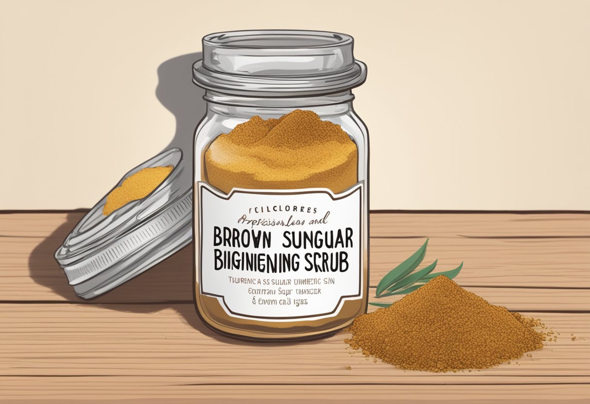A small glass jar filled with a mixture of brown sugar and turmeric sits on a wooden table, with a label that reads "Brown Sugar and Turmeric Skin Brightening Scrub."