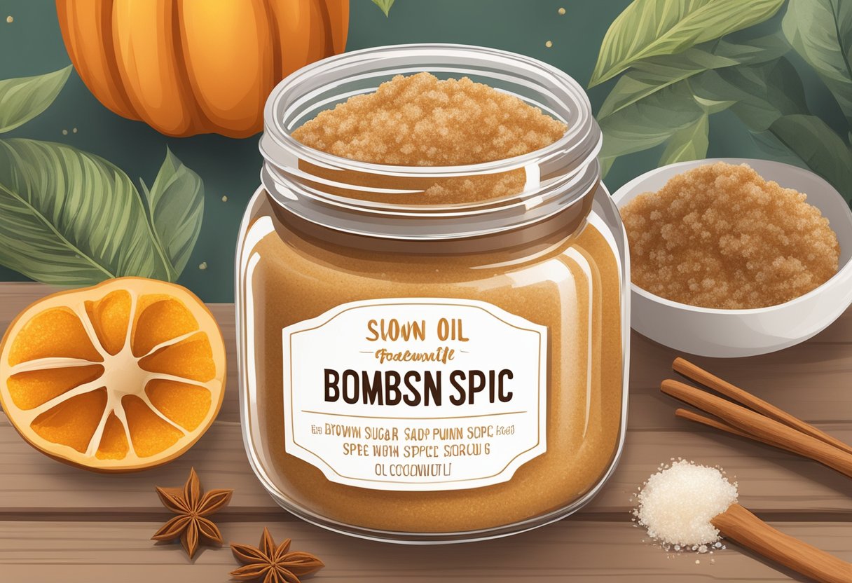 A glass jar filled with brown sugar and pumpkin spice body scrub sits on a wooden table surrounded by ingredients like coconut oil and essential oils