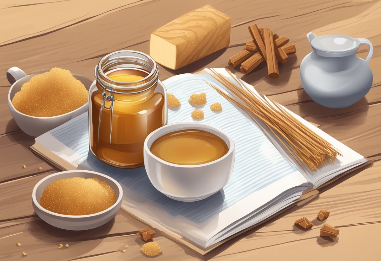 A glass jar filled with brown sugar and vitamin E oil sits on a wooden table, surrounded by scattered ingredients and a recipe book