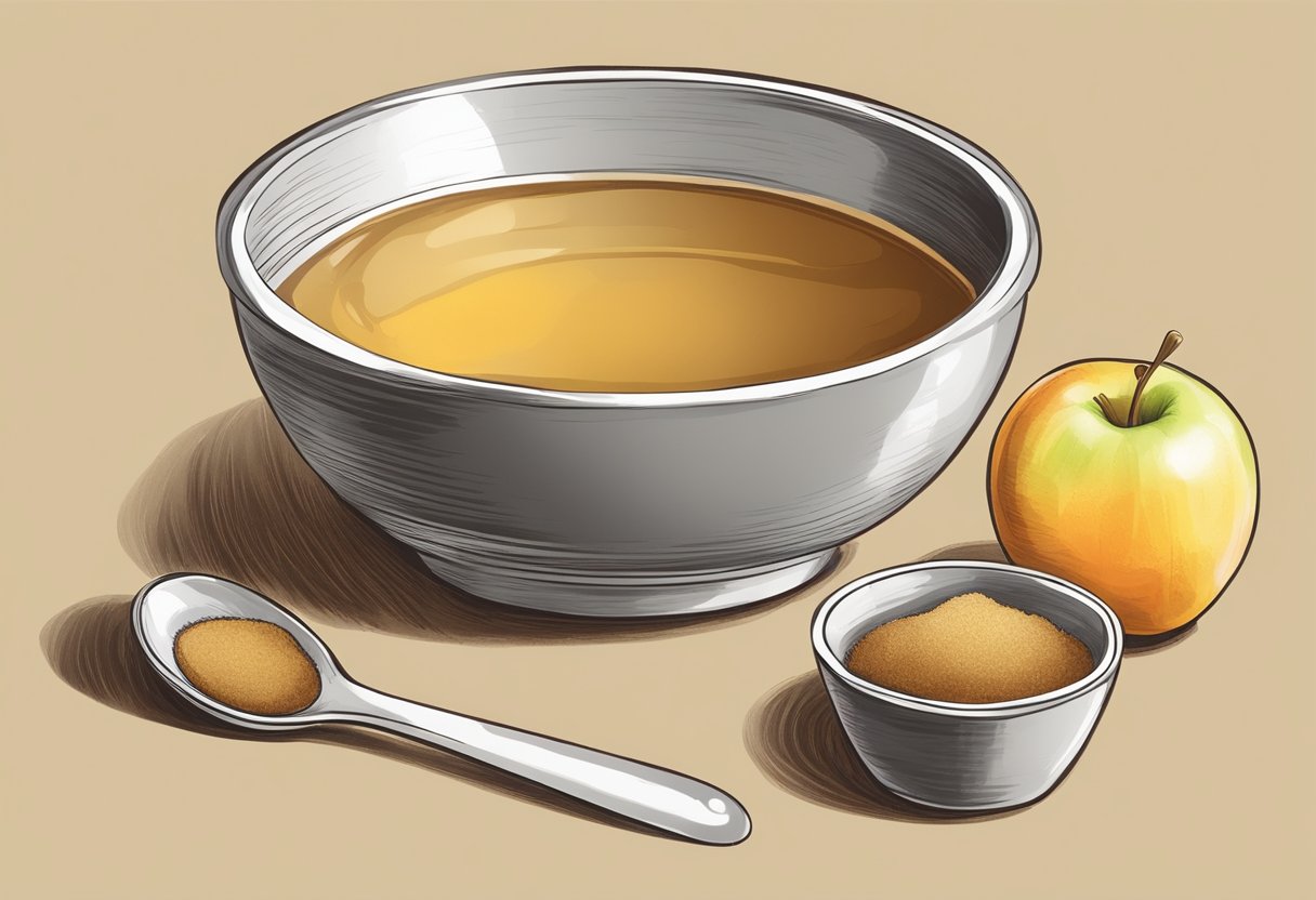 A bowl of brown sugar and apple cider vinegar mixed together, with a spoon and measuring cups nearby