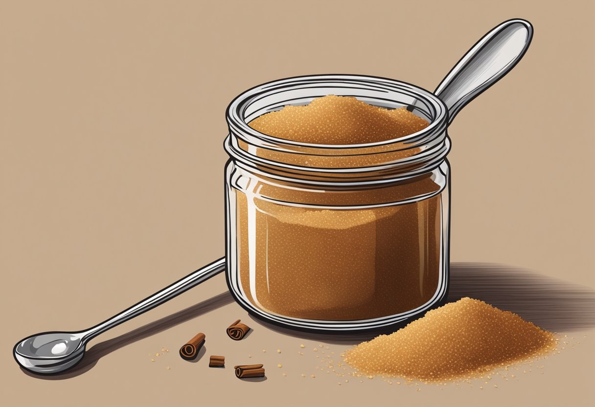 A small glass jar filled with brown sugar and cinnamon sitting on a wooden table, with a spoon next to it
