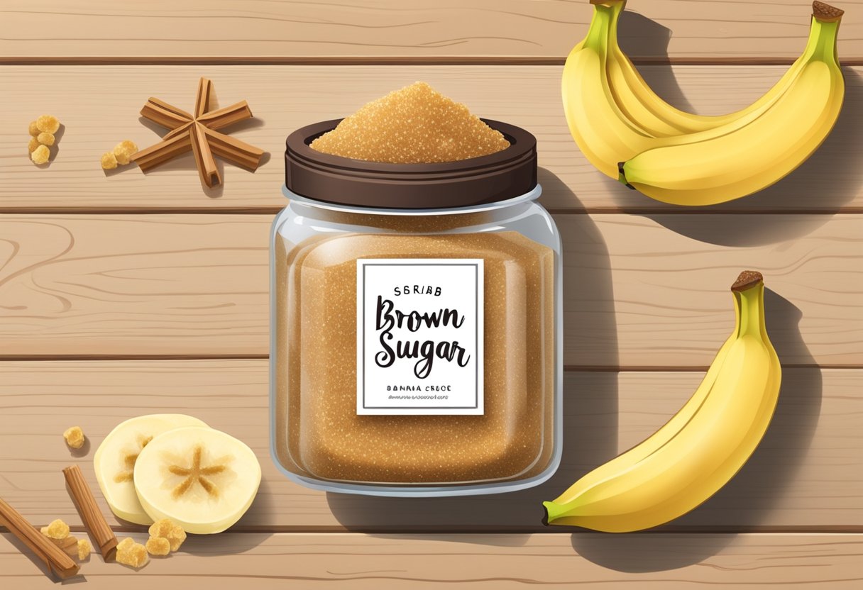A glass jar filled with brown sugar and banana scrub sits on a wooden table, surrounded by fresh banana slices and a sprinkle of brown sugar