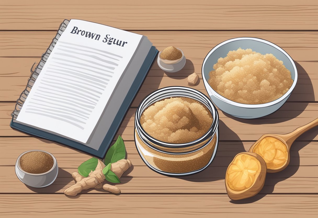 A jar of brown sugar and ginger body scrub sits on a wooden table, surrounded by ingredients and a recipe book