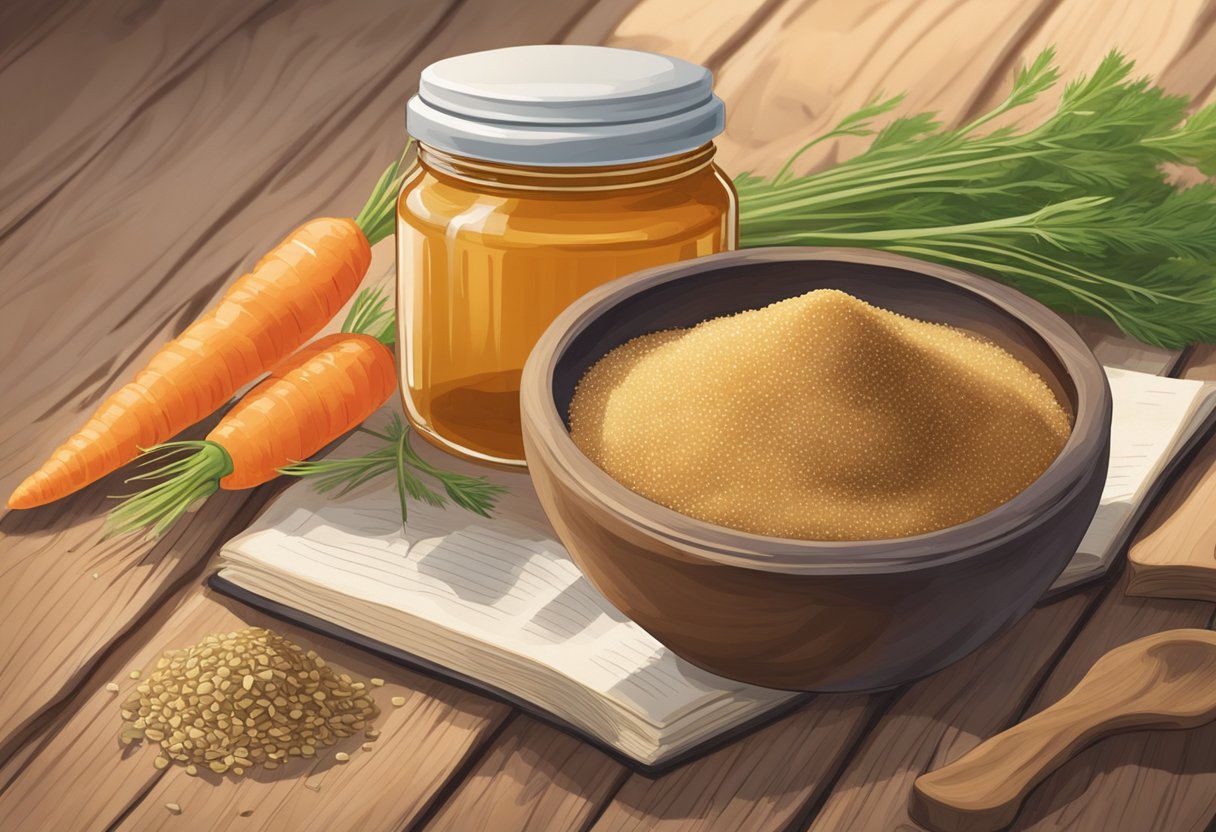 A glass jar filled with brown sugar and carrot seed oil scrub sits on a rustic wooden table, surrounded by ingredients and a recipe book