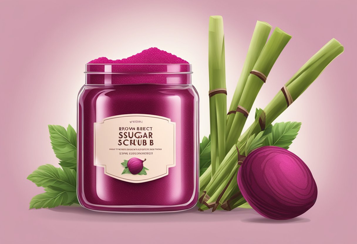 A glass jar filled with brown sugar and beetroot lip stain scrub, surrounded by fresh beetroot and sugar cane