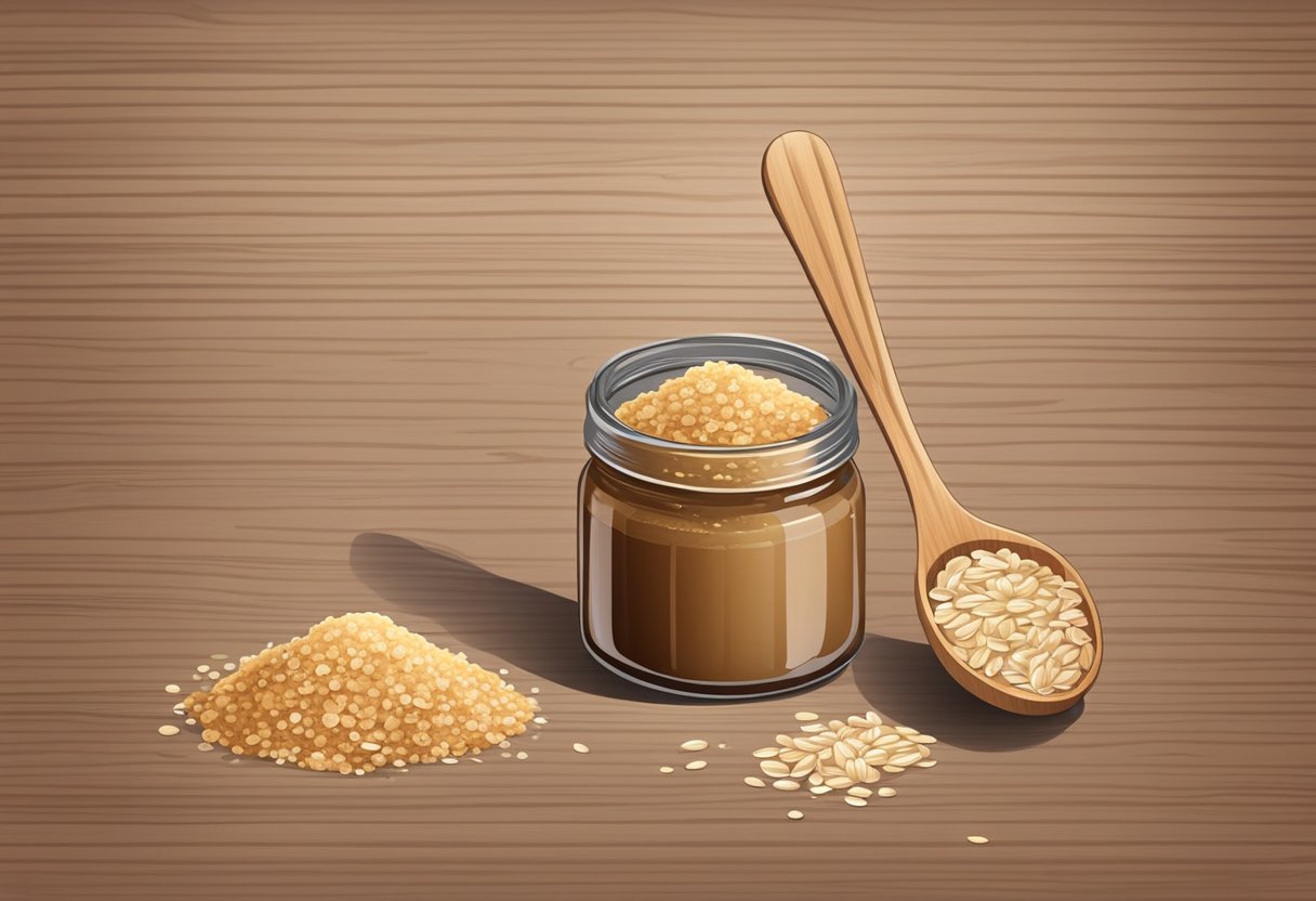 A glass jar filled with brown sugar and oatmeal scrub, with a spoon and ingredients scattered on a wooden table