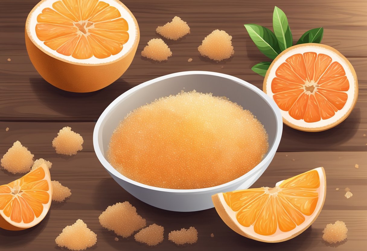A bowl of brown sugar and grapefruit scrub sits on a rustic wooden table, surrounded by fresh grapefruits and a scattering of brown sugar crystals