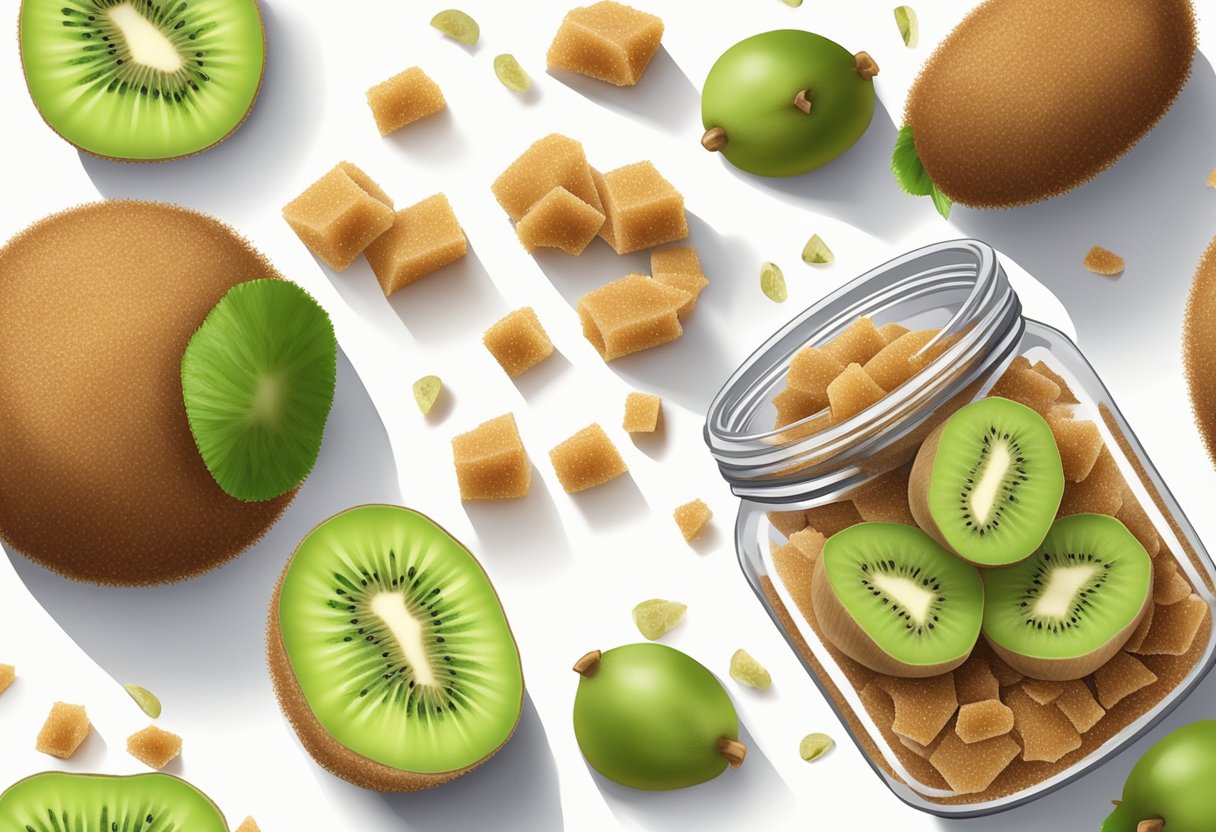 A glass jar filled with brown sugar and kiwi chunks, surrounded by fresh kiwi fruits and a scattering of brown sugar on a clean white surface