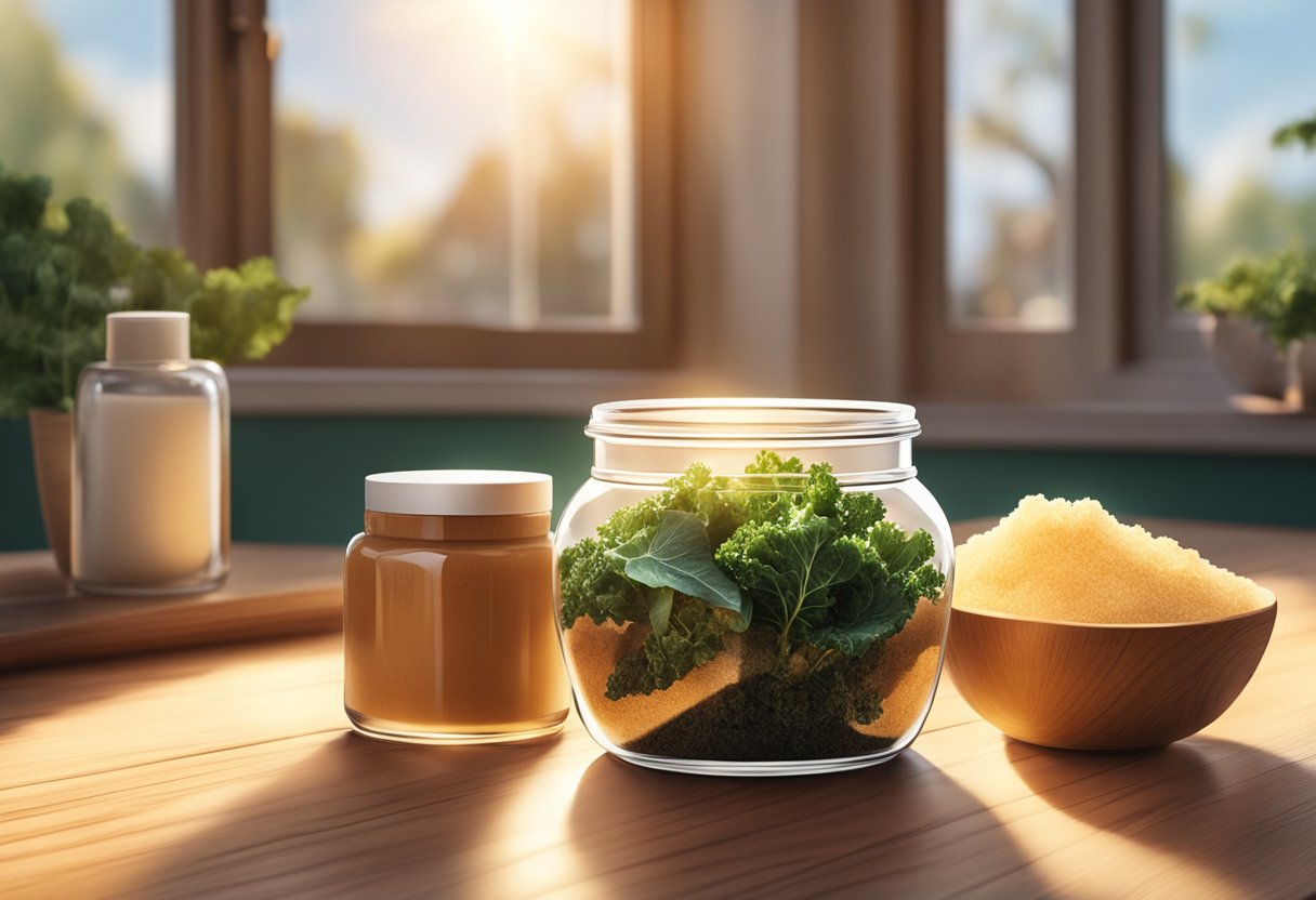 A glass jar filled with brown sugar and kale sits on a wooden table, surrounded by other skincare ingredients. The sunlight filters through the window, casting a warm glow on the scene