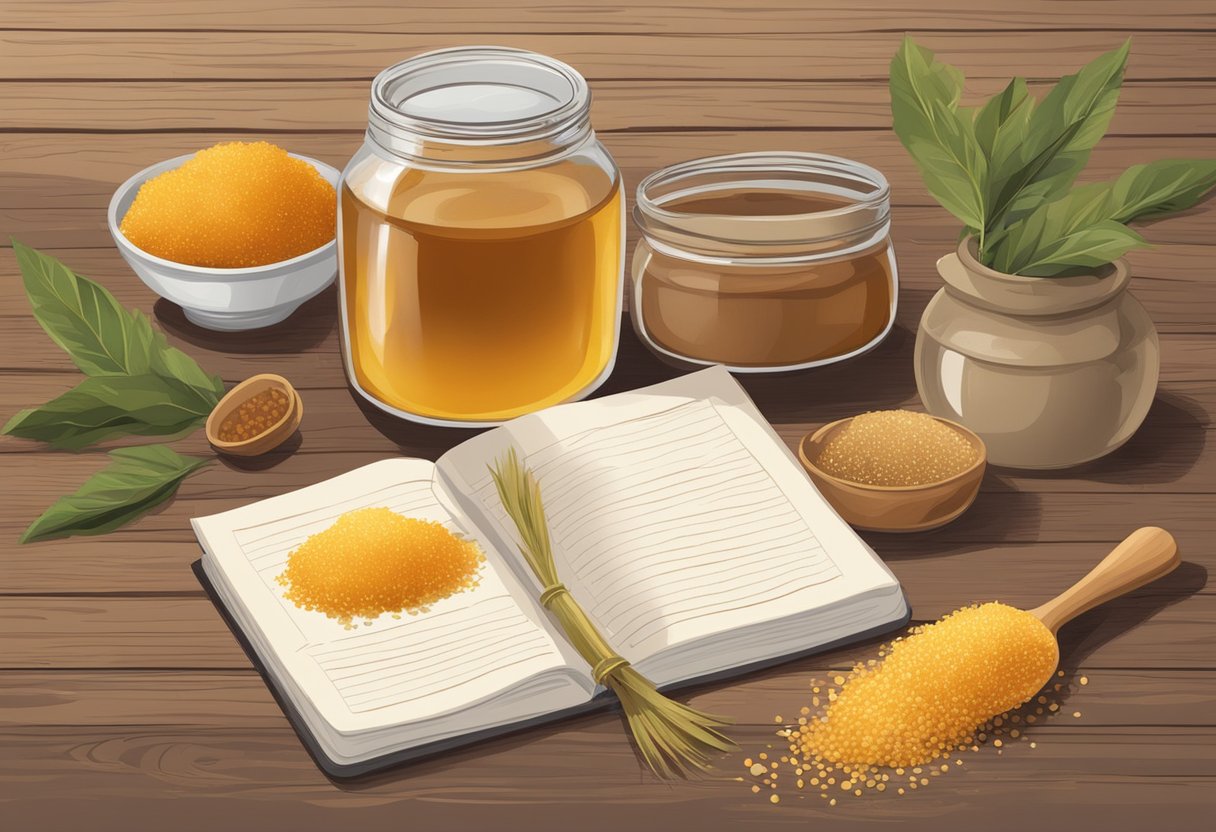 A glass jar filled with brown sugar and safflower oil sits on a rustic wooden table, surrounded by scattered ingredients and a handwritten recipe book