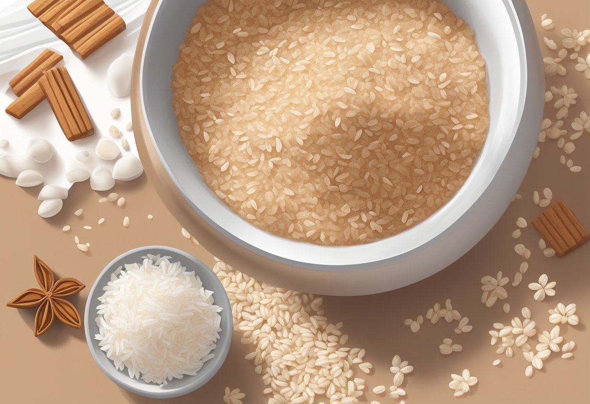 A bowl of brown sugar and rice water mixed together, creating a softening scrub. Ingredients scattered around