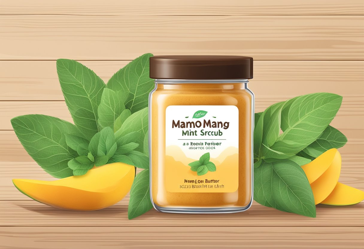 A glass jar filled with brown sugar and mango butter scrub sits on a wooden table, surrounded by fresh mangoes and a sprig of mint