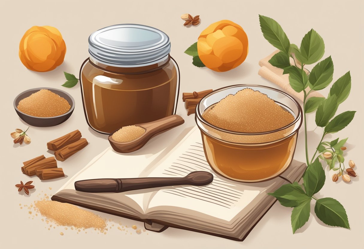 A glass jar filled with brown sugar and rose hip oil scrub, surrounded by ingredients and a recipe book
