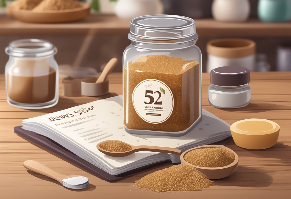 A small glass jar filled with brown sugar and flaxseed gel sits on a wooden table, surrounded by scattered ingredients and a recipe book open to "52 Best DIY Homemade Skincare Recipes with Brown Sugar."