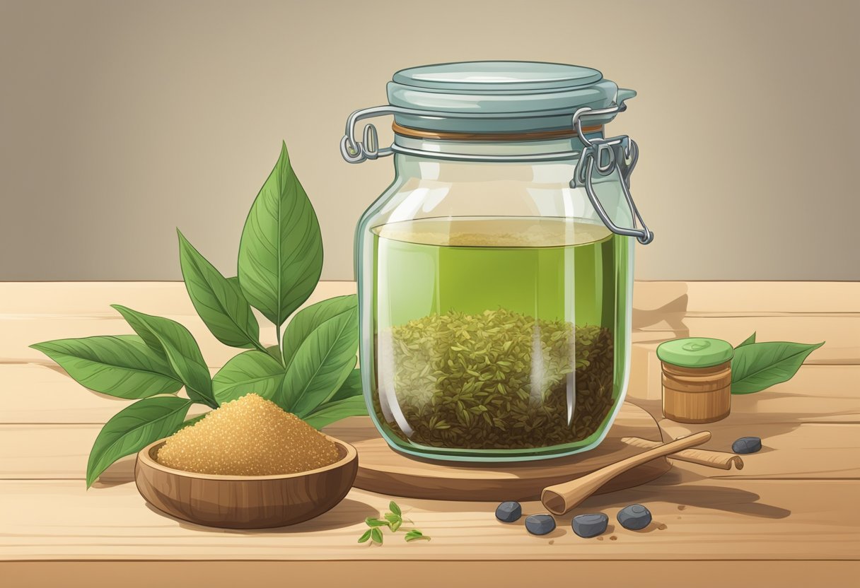 A clear glass jar filled with brown sugar and loose green tea leaves sits on a wooden table, surrounded by ingredients and a recipe book