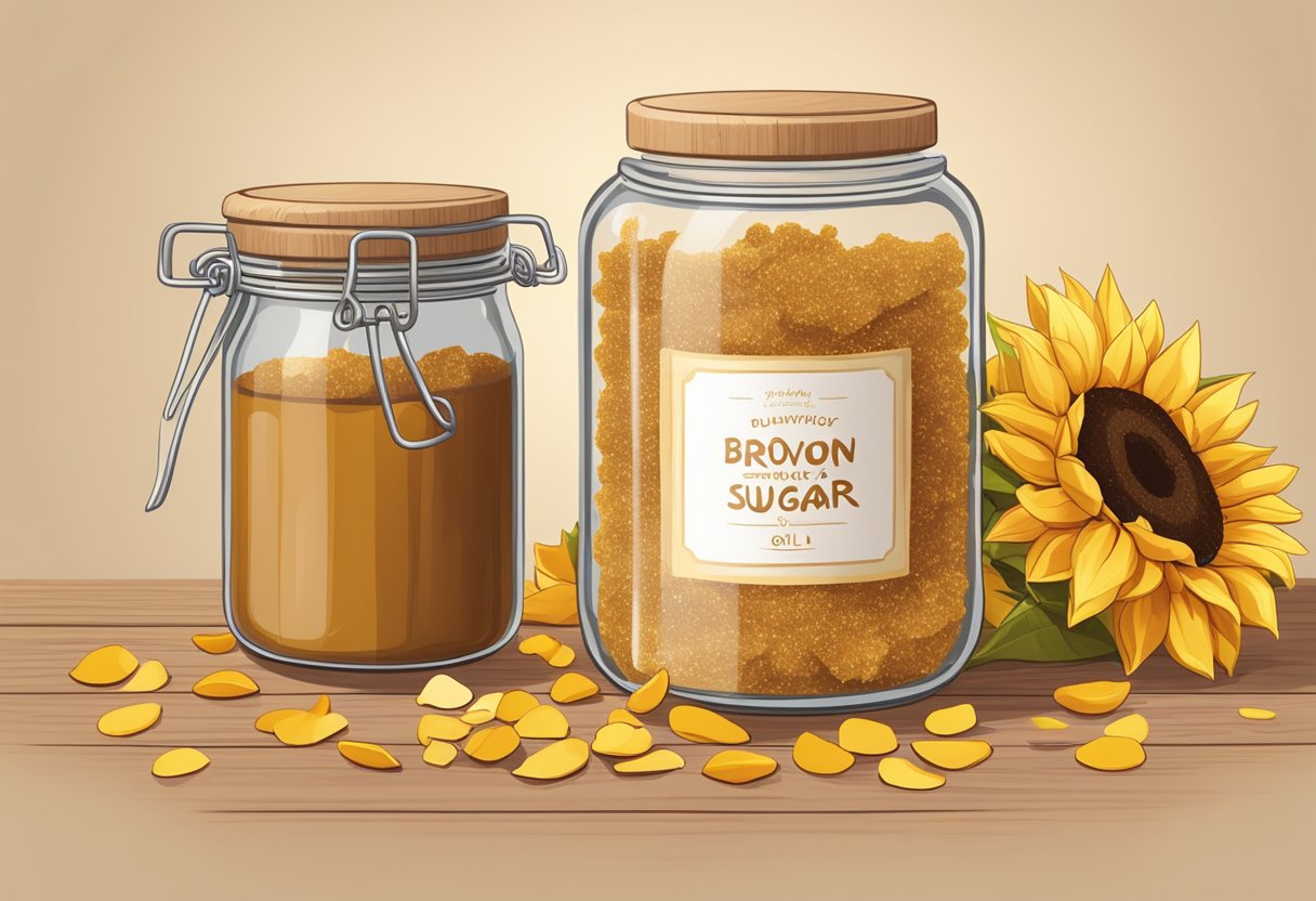 A glass jar filled with brown sugar and sunflower oil sits on a wooden table, surrounded by scattered sunflower petals and a handwritten label