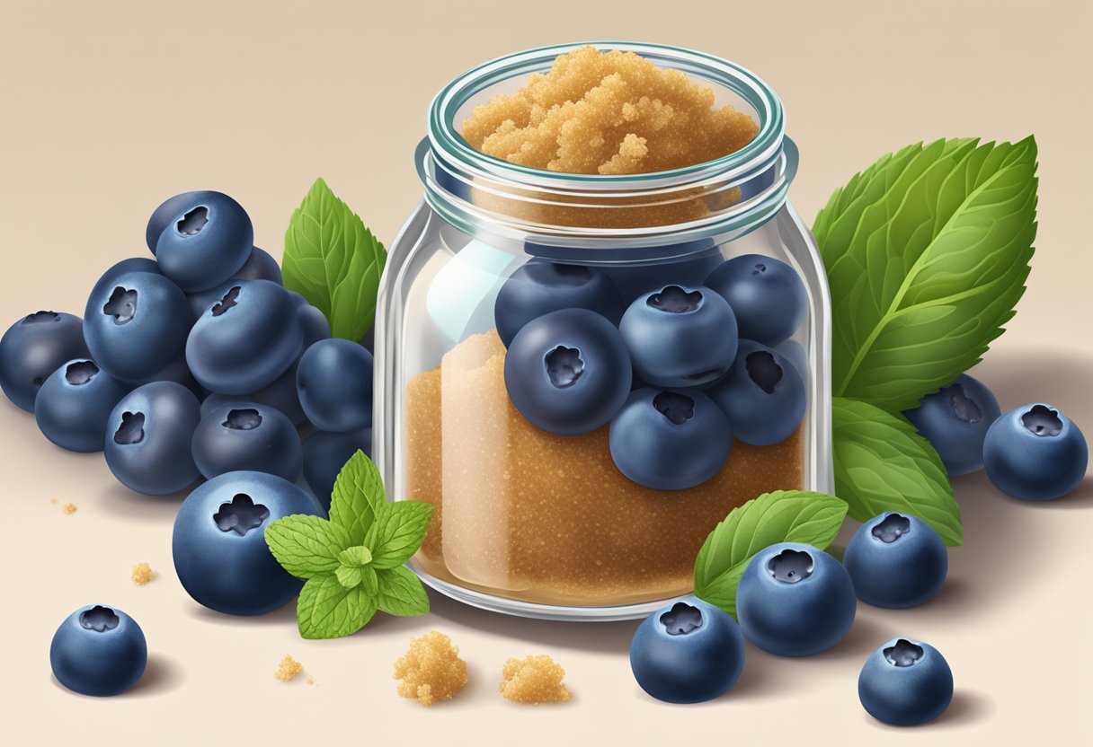 A glass jar filled with brown sugar and blueberries, surrounded by fresh blueberries and a sprig of mint