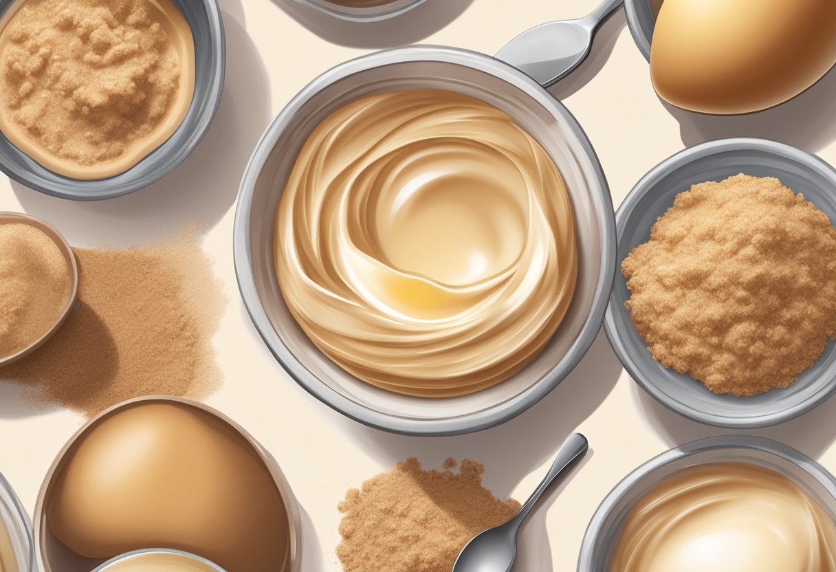 A bowl of brown sugar and egg whites mixed together, with a smooth texture and a creamy consistency, ready to be applied as a pore-tightening mask