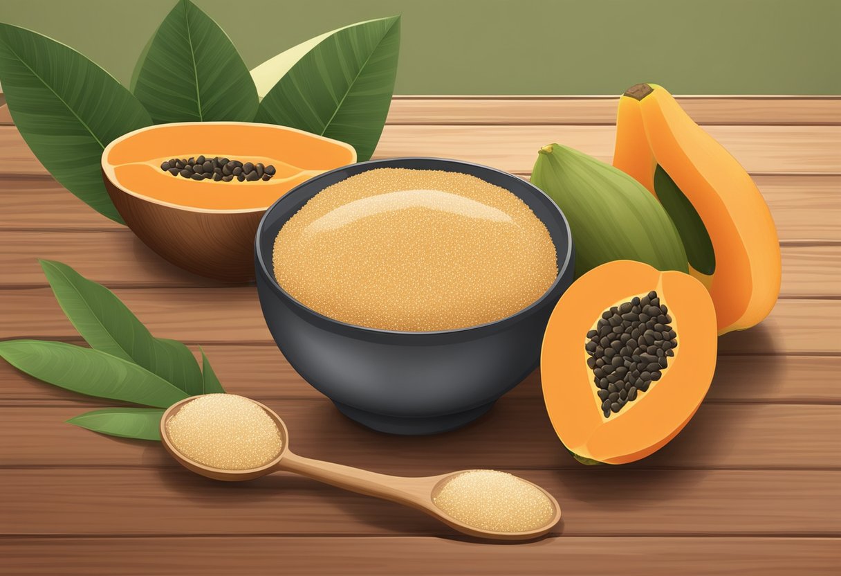 A bowl of brown sugar and papaya scrub sits on a wooden table, surrounded by fresh papaya slices and a mortar and pestle