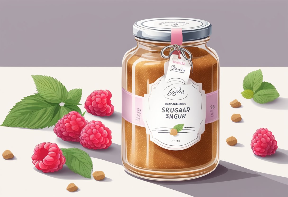 A glass jar filled with brown sugar and raspberry seed oil sits on a clean white countertop, surrounded by fresh raspberries and a handwritten label