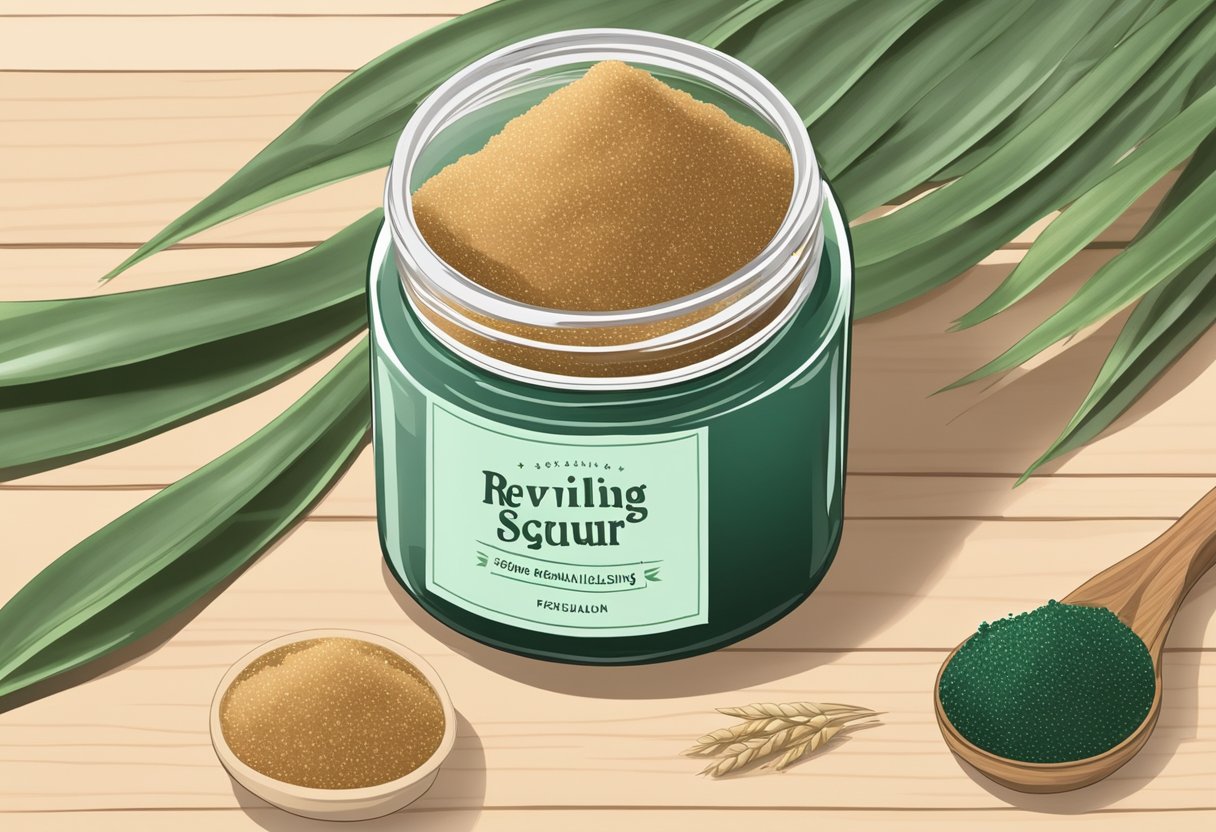 A glass jar filled with brown sugar and spirulina sits on a wooden table, surrounded by other natural ingredients. A label reads "Revitalizing Body Scrub."