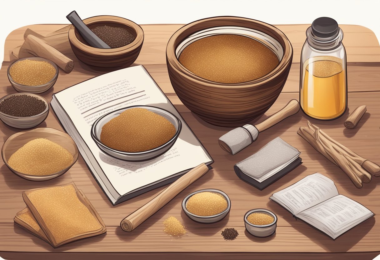 A small bowl filled with brown sugar and licorice root sits on a wooden table, surrounded by various skincare ingredients and a recipe book