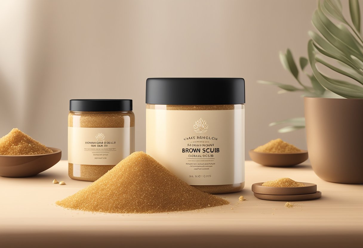 A jar of brown sugar and gold mica body scrub sits on a wooden table, with ingredients scattered around. The scrub glows in the soft light, inviting and luxurious