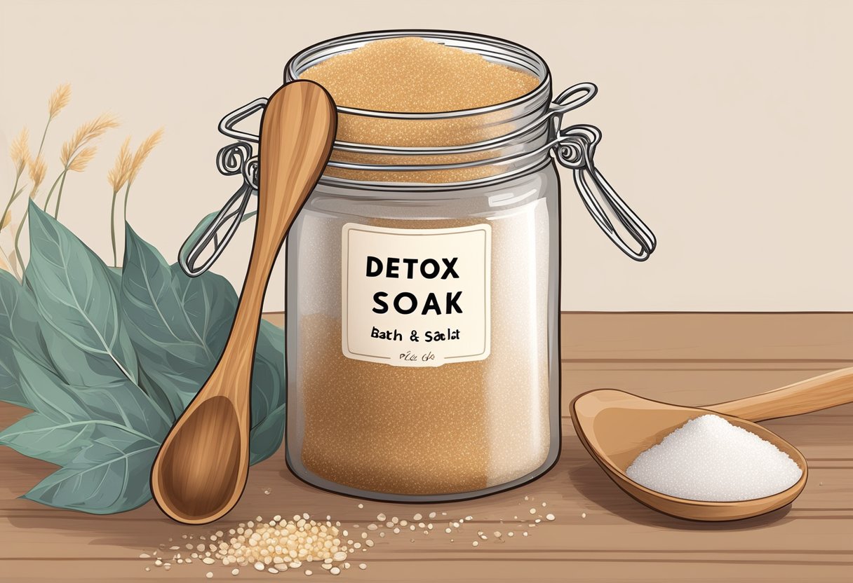 A wooden spoon stirs brown sugar and sea salt in a glass jar with a label "Detox Bath Soak"