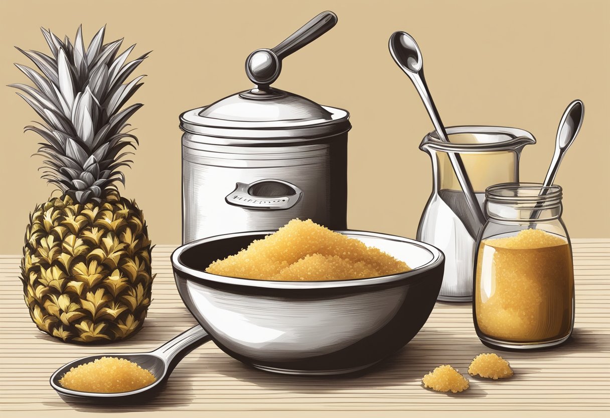 A bowl of brown sugar and pineapple mixed together, with a spoon and measuring cups nearby