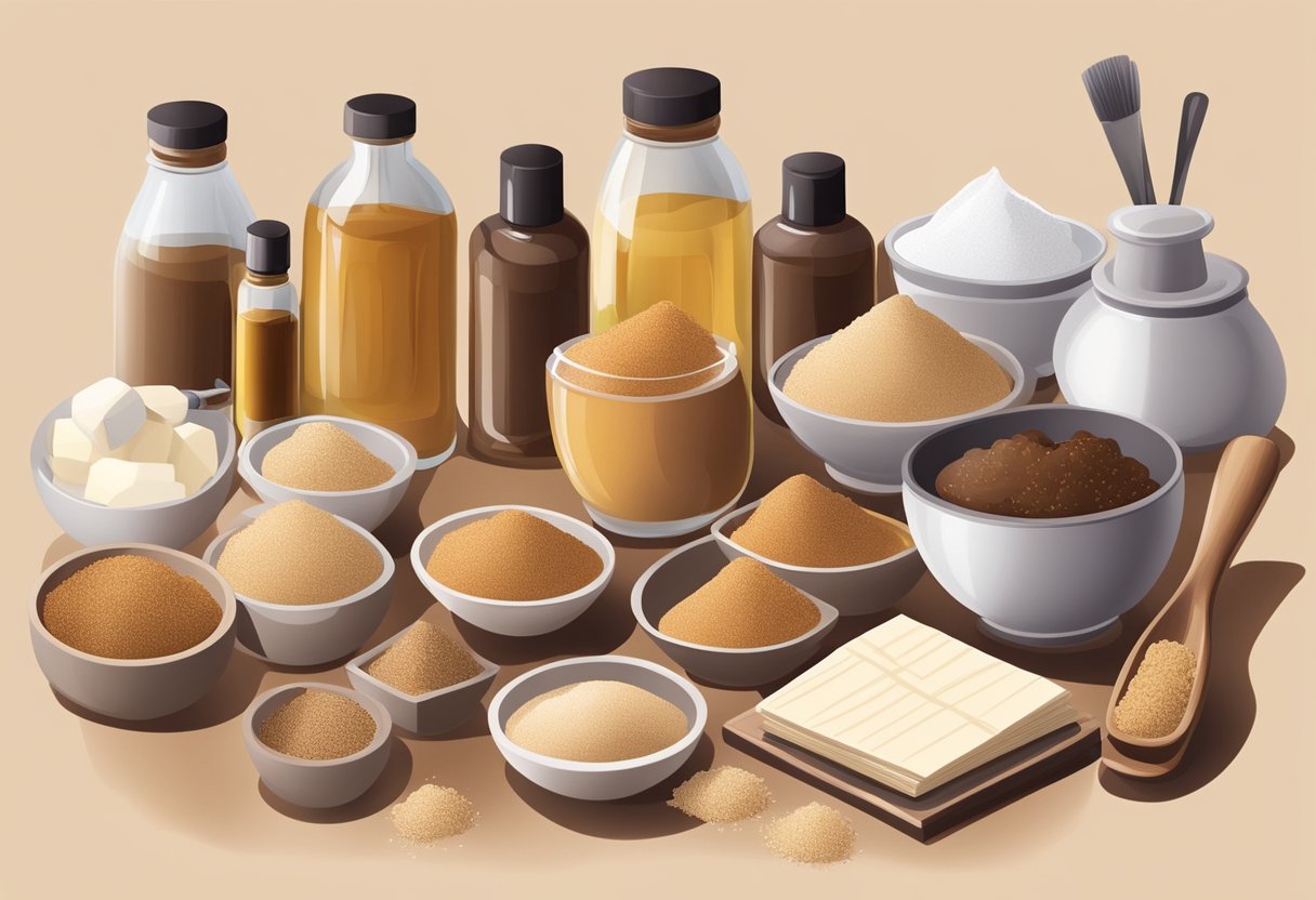 A table with various ingredients like brown sugar, oils, and containers, surrounded by recipe books and skincare tools