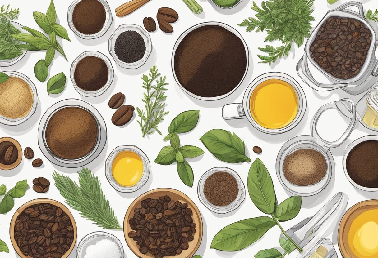 A table filled with various containers and ingredients, including coffee grounds, oils, and herbs. A recipe book titled "52 Best DIY Homemade Skincare Recipes" is open to a page with detailed instructions