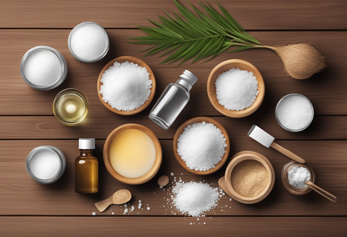 Sea salt scattered on a wooden table with various containers of homemade skincare products, surrounded by fresh ingredients like coconut oil and essential oils